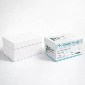 Wholesale medical injection boxes with a classic lid-off design and detailed product information panels.