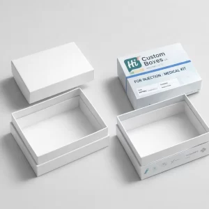 Two-piece rigid injection medical kit boxes with a separate lid and base in white and teal.