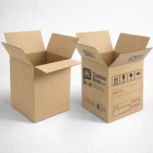 Heavy-duty corrugated shipping cartons for injection supplies featuring handling icons and custom business logos.