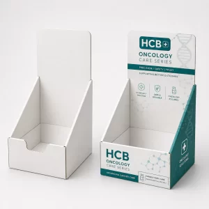 Oncology drug display boxes for organised pharmacy shelves and retail presentation