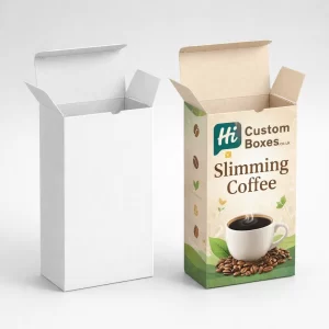 Tall cardboard tuck-end boxes for slimming coffee, shown in plain white and full-colour printed versions.