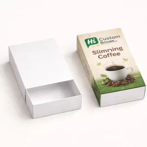Sliding drawer or tray and sleeve style boxes showcasing custom printed branding for slimming coffee.