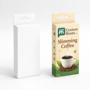 Vertical slimline retail hanger boxes with cutout tabs for slimming coffee display, including branded artwork.
