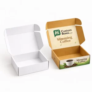 Open corrugated cardboard shipping mailer boxes featuring bespoke branding and slimming coffee product graphics inside.