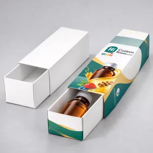 Two long sliding drawer boxes, one plain white and one featuring a teal and gold syrup design.