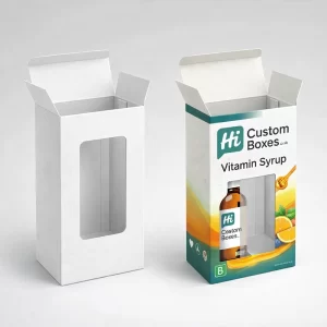 Custom vitamin syrup boxes with window for branded product visibility