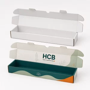 Long corrugated mailing boxes for yoga mats showing a white plain and branded teal design.