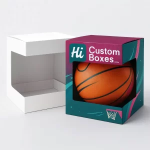 Custom display box with a large front window showcasing a basketball- ideal for retail product visibility and branding