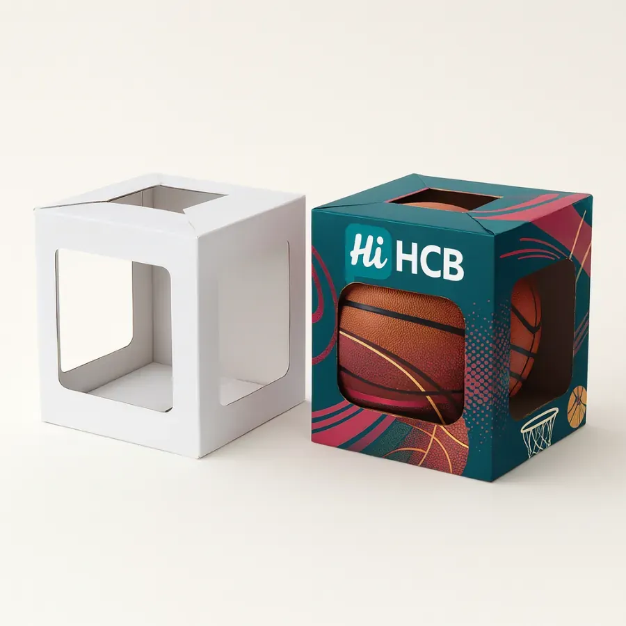 Unique custom product box with multi-sided windows- offering a dynamic view of a basketball and enhancing product appeal
