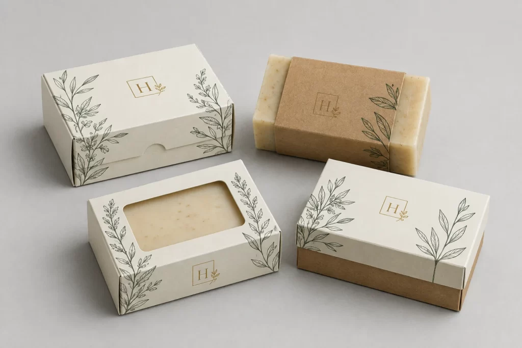 9 Soap Packaging Mistakes That Cost UK Brands Sales 1 Eco Friendly Soap Packaging Boxes for exaple die cut window, sleeve, lid boxes and reverse tuck