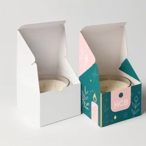 Two open 50cl candle boxes showcasing multi-wick candles, with plain white and teal-pink printed options.