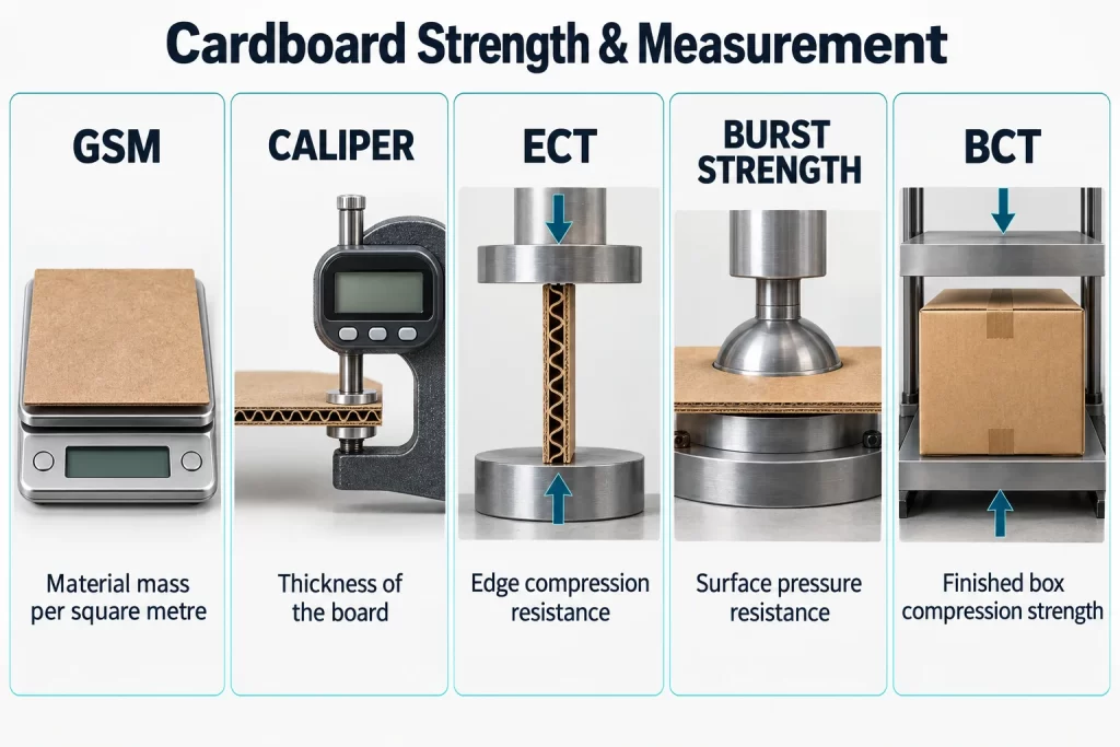 Cardboard Material Explained for Packaging 2 Cardboard testing infographic explaining GSM, caliper, edge crush, burst strength and finished box compression measurements