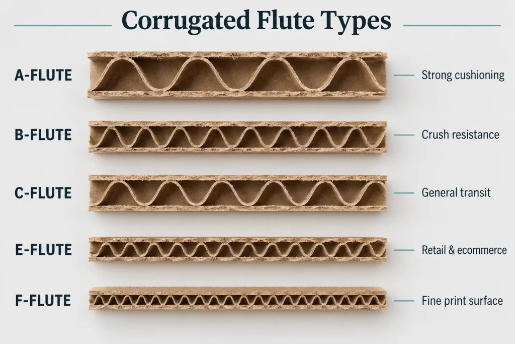 Cardboard Material Explained for Packaging 1 Comparison of A, B, C, E and F corrugated flute profiles, from large cushioning flutes to fine retail packaging flutes.