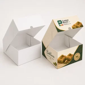 Small custom tuck-top paperboard baklava box shown with an open top lid, side geometric patterns, and front product graphics.