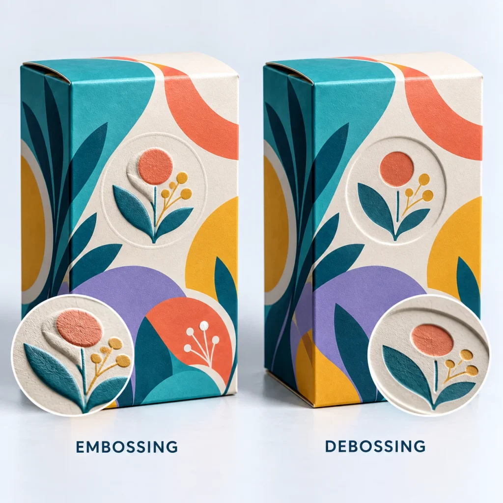 Packaging Finishes Guide - Foil, Embossing, Spot UV & Lamination 4 Raised embossing versus recessed debossing on kraft packaging