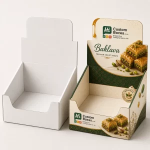 Custom cardboard counter display box for baklava packaging with a pop-up header display card and open front tray.