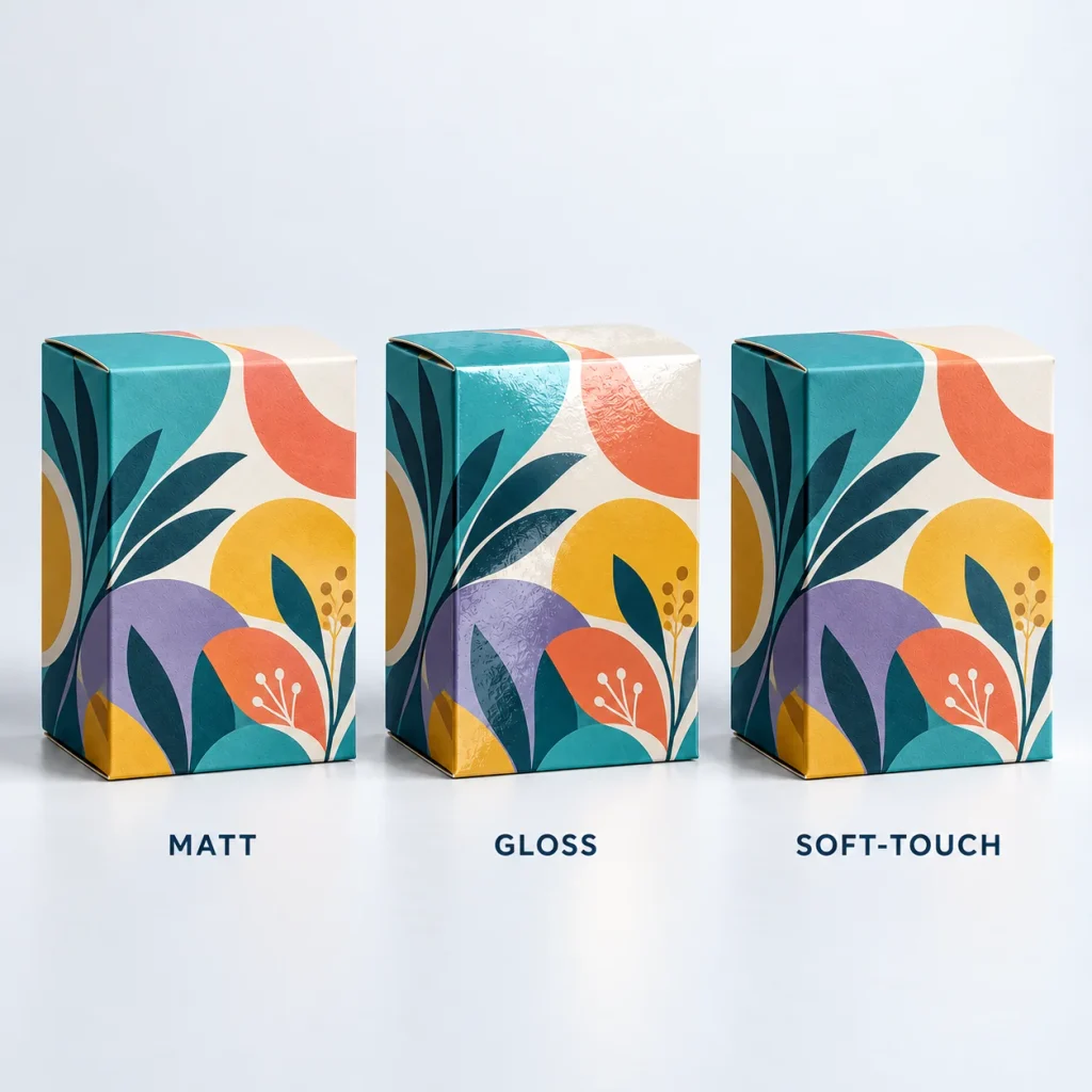 Packaging Finishes Guide - Foil, Embossing, Spot UV & Lamination 2 Matt, gloss and soft-touch lamination compared on identical cartons