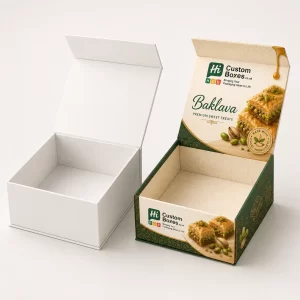 Premium hinged-lid rigid baklava box with an open top lid, green geometric side prints, and custom branding panels.