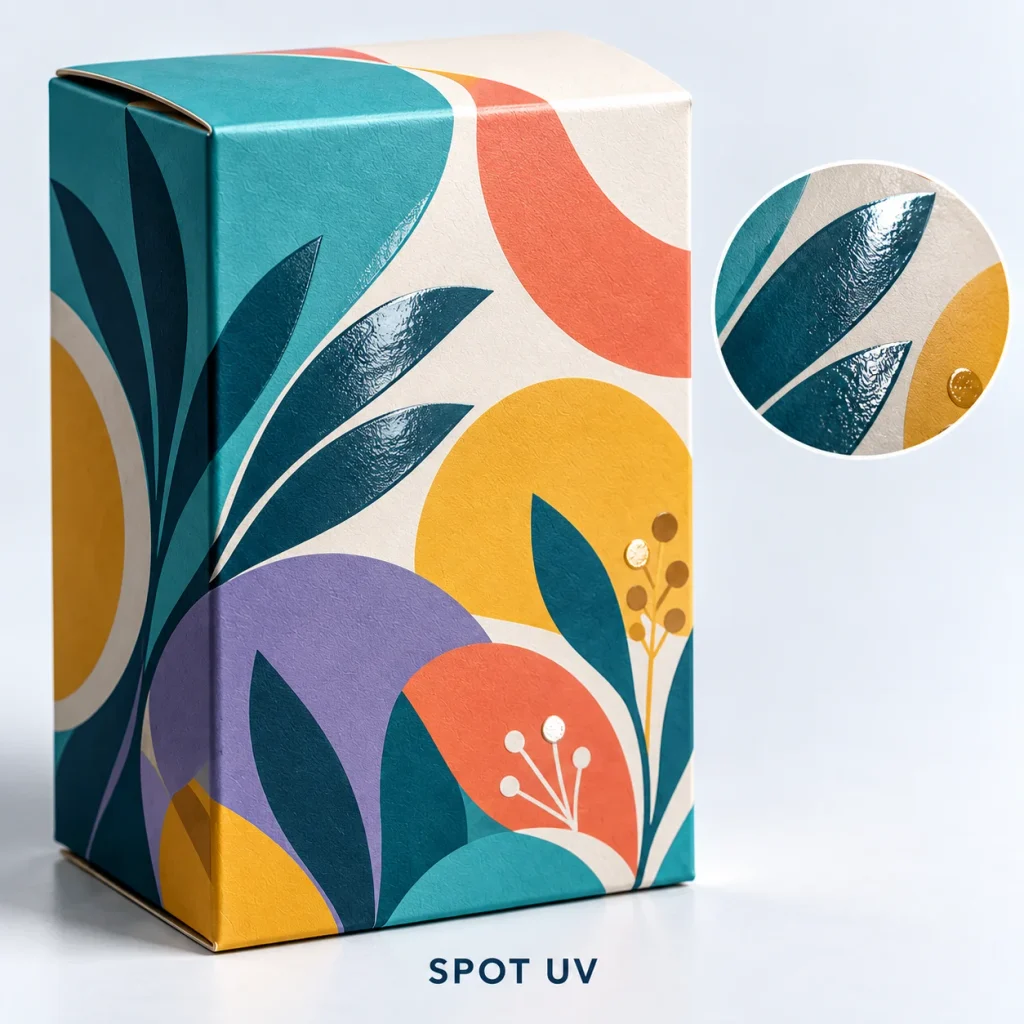 Packaging Finishes Guide - Foil, Embossing, Spot UV & Lamination 3 Selective Spot UV logo on a matt packaging box