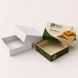 Two-piece custom printed baklava rigid box showing a plain white base alongside a green geometric-patterned lid featuring pistachio baklava graphics.