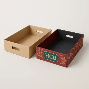 Kraft and red printed tray boxes with diecut handles and HCB logo on the front face